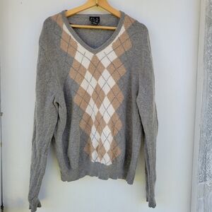Jos A Bank Sweater V Neck 80% Lambs Wool Blend Gray Golf Geometric Size Medium